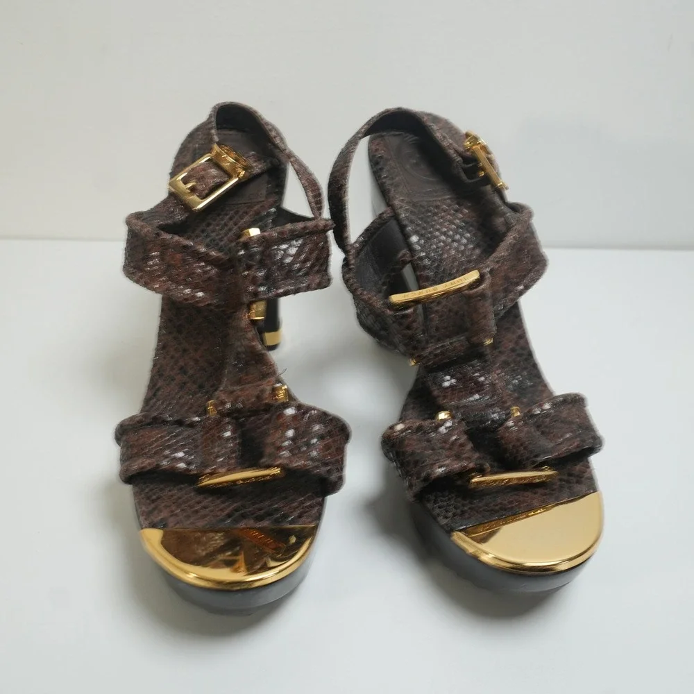 Tory Burch Karmen Platform Sandals 7M Brown Snakeskin Wood‎ Block Heel Gold